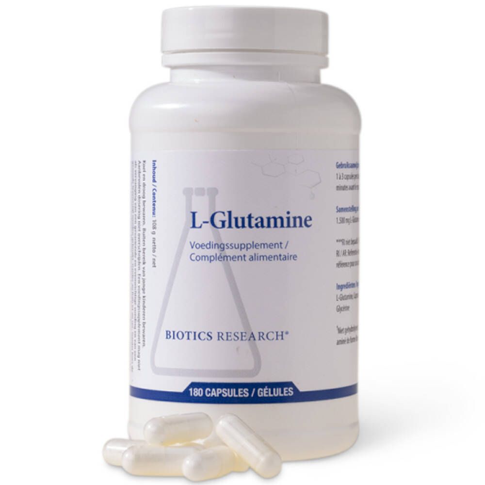 Weiße Flasche mit Etikett. L-Glutamine, Voedingssupplement, Biotics Research. 180 Kapseln. Daneben liegen Kapseln.