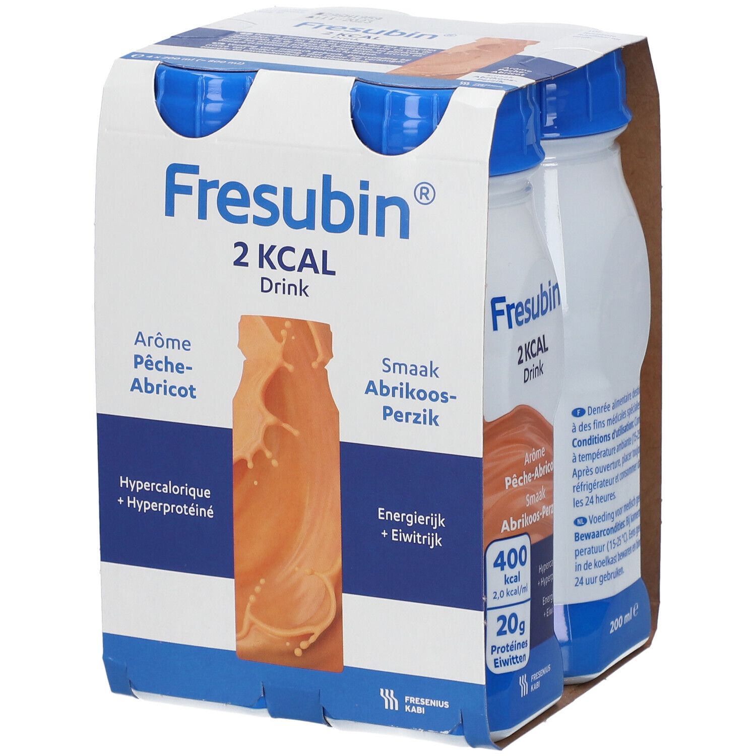 Emballage de quatre bouteilles Fresubin 2 kcal Drink Pêche-abricot. Inscriptions : 2 kcal, Arôme Pêche-abricot, hypercalorique, hyperprotéiné.