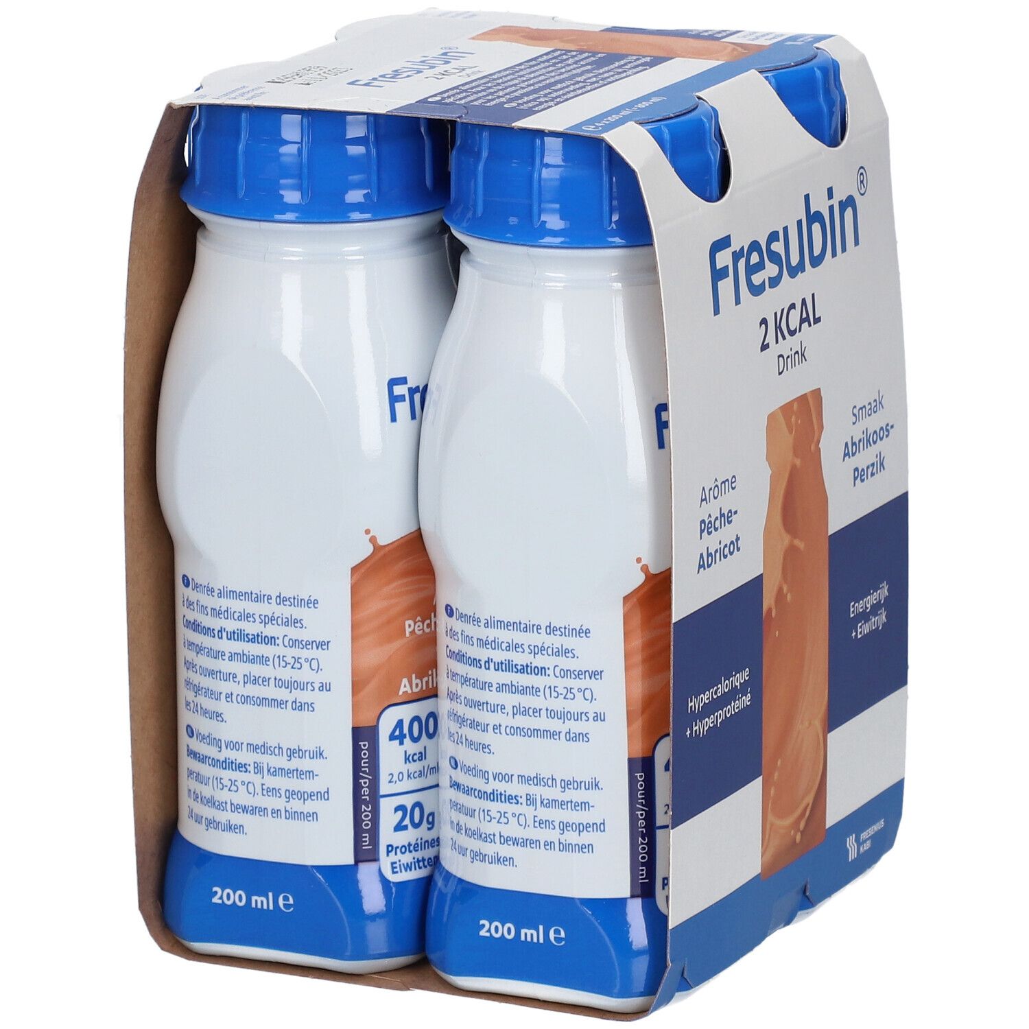 Emballage de quatre bouteilles Fresubin 2 kcal Drink Pêche-abricot. Inscriptions : 2 kcal, Arôme Pêche-abricot, hypercalorique, hyperprotéiné.