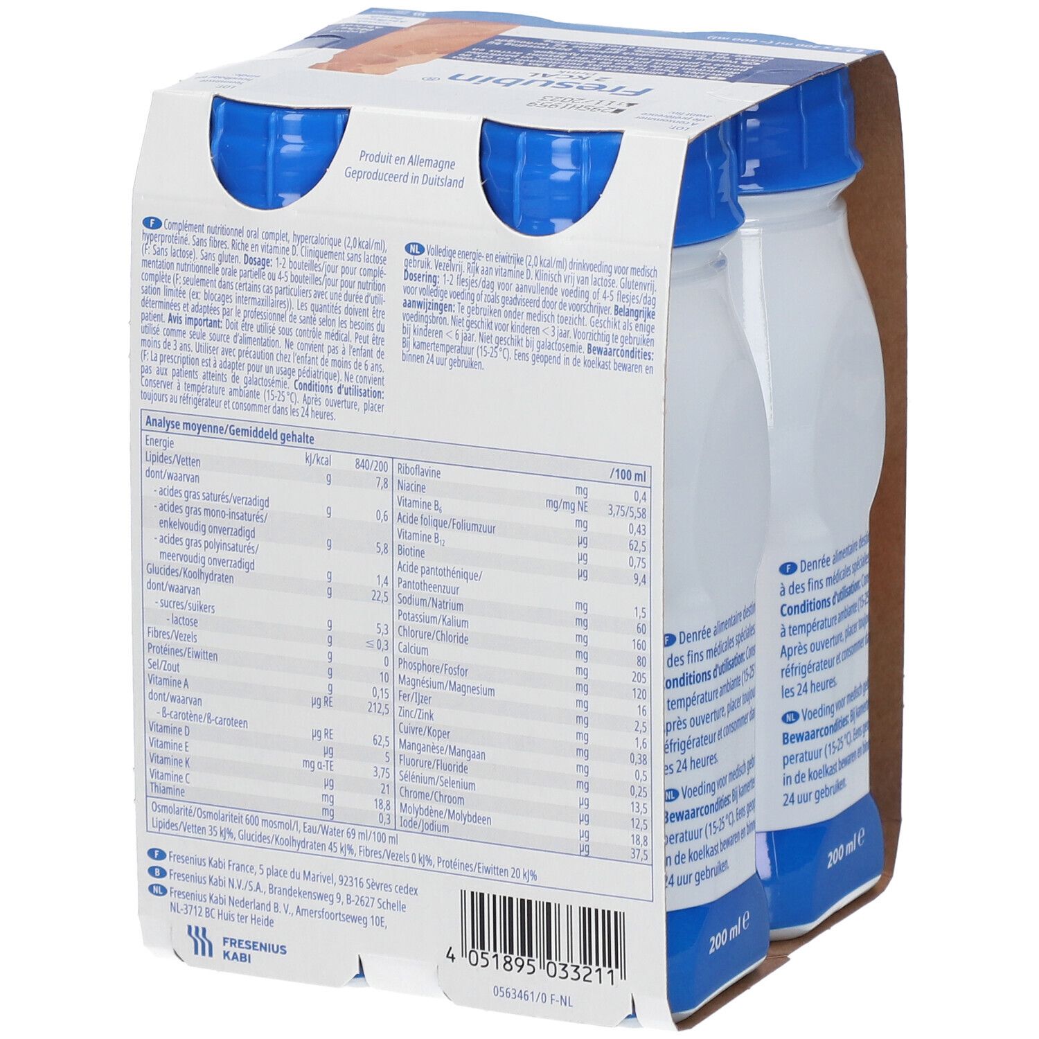 Emballage de quatre bouteilles Fresubin 2 kcal Drink Pêche-abricot. Dos avec informations nutritionnelles et fabricant.