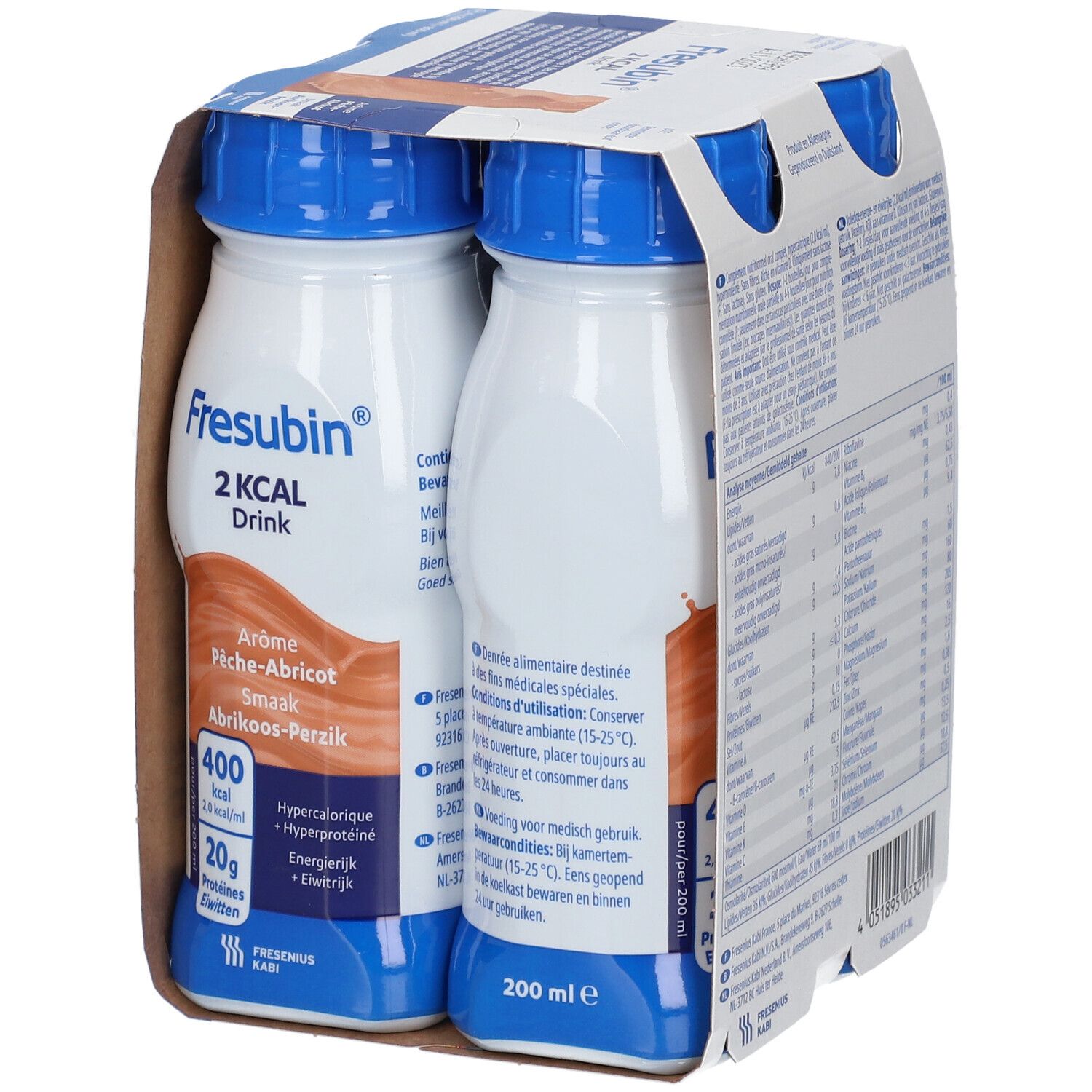 Emballage de quatre bouteilles Fresubin 2 kcal Drink Pêche-abricot. Inscriptions : 2 kcal, Arôme Pêche-abricot, hypercalorique, hyperprotéiné.