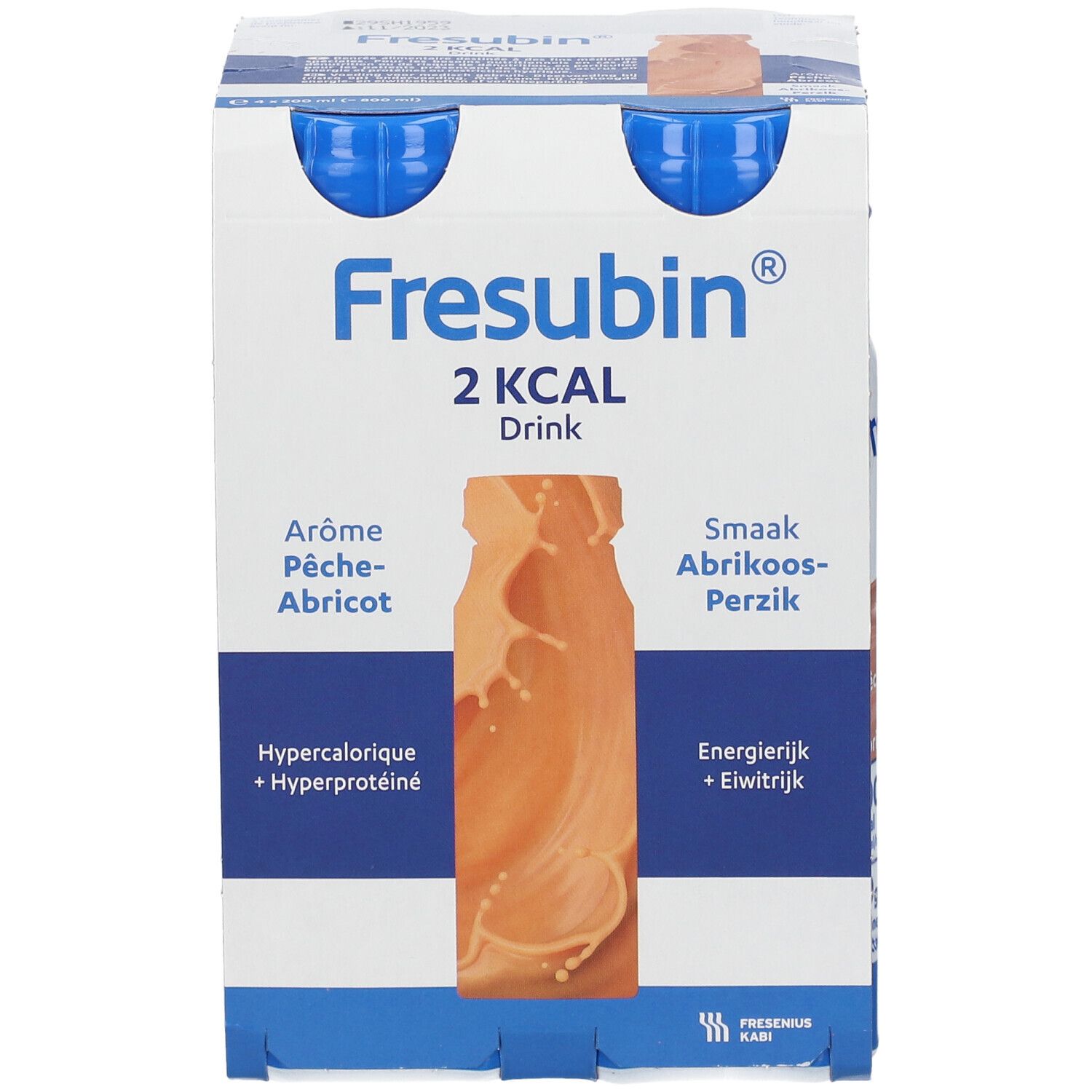 Vue de face d'un emballage Fresubin 2 kcal Drink Pêche-abricot. Inscriptions : 2 kcal, Arôme Pêche-abricot, hypercalorique, hyperprotéiné.