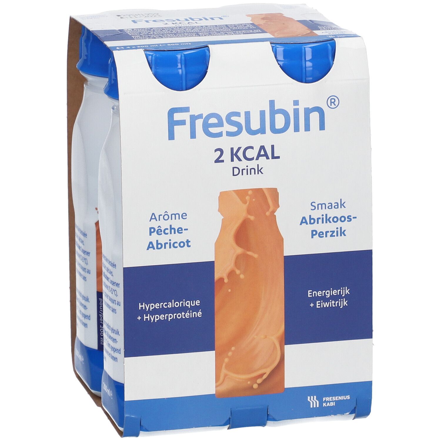 Emballage de quatre bouteilles Fresubin 2 kcal Drink Pêche-abricot. Inscriptions : 2 kcal, Arôme Pêche-abricot, hypercalorique, hyperprotéiné.