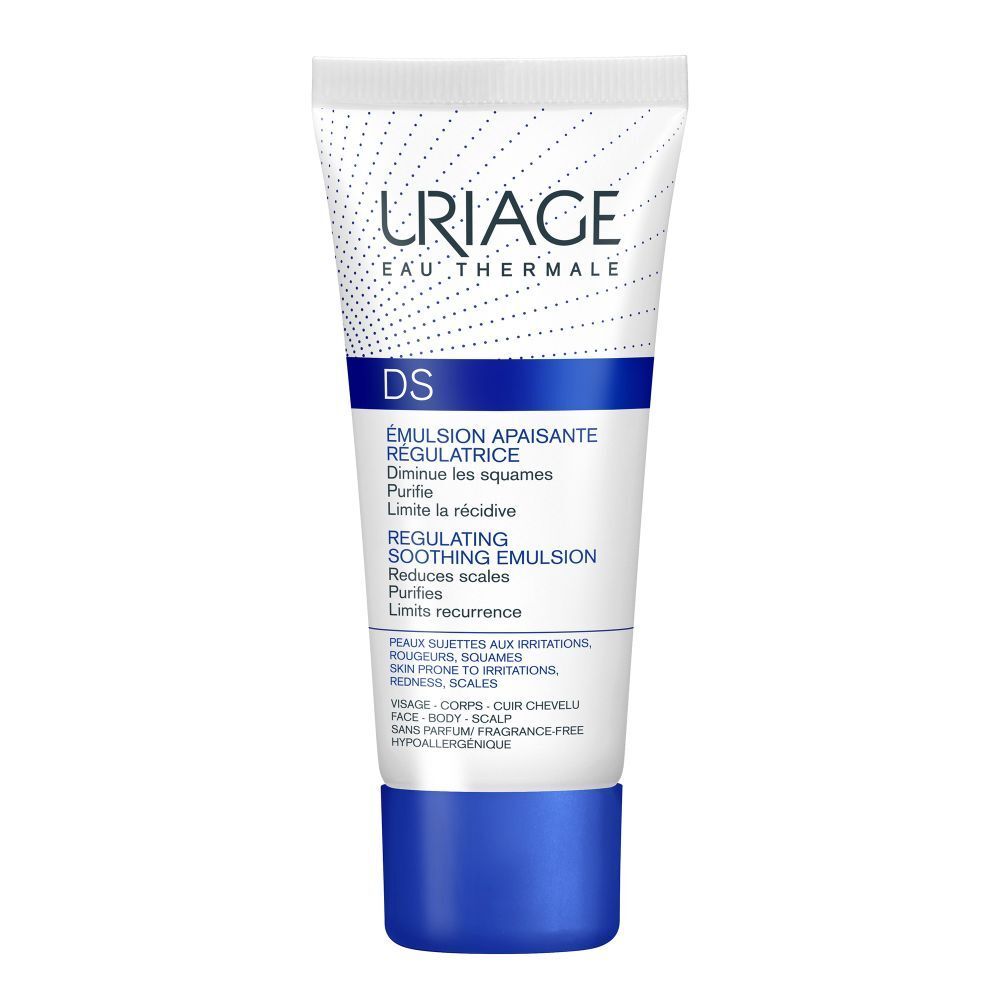 Uriage DS Emulsion tube. Witte tube met blauwe dop. Tekst: DS, Emulsion apaisante régulatrice.