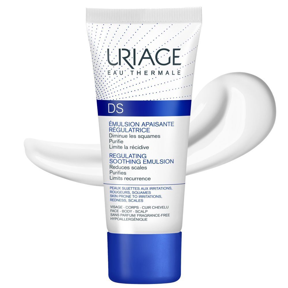 Uriage DS Emulsion tube met crème. Tekst: DS, Emulsion apaisante régulatrice.