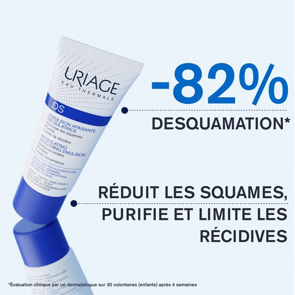 Tube Uriage DS Emulsion et emballage. Texte: DS, Emulsion apaisante régulatrice. 40ml.