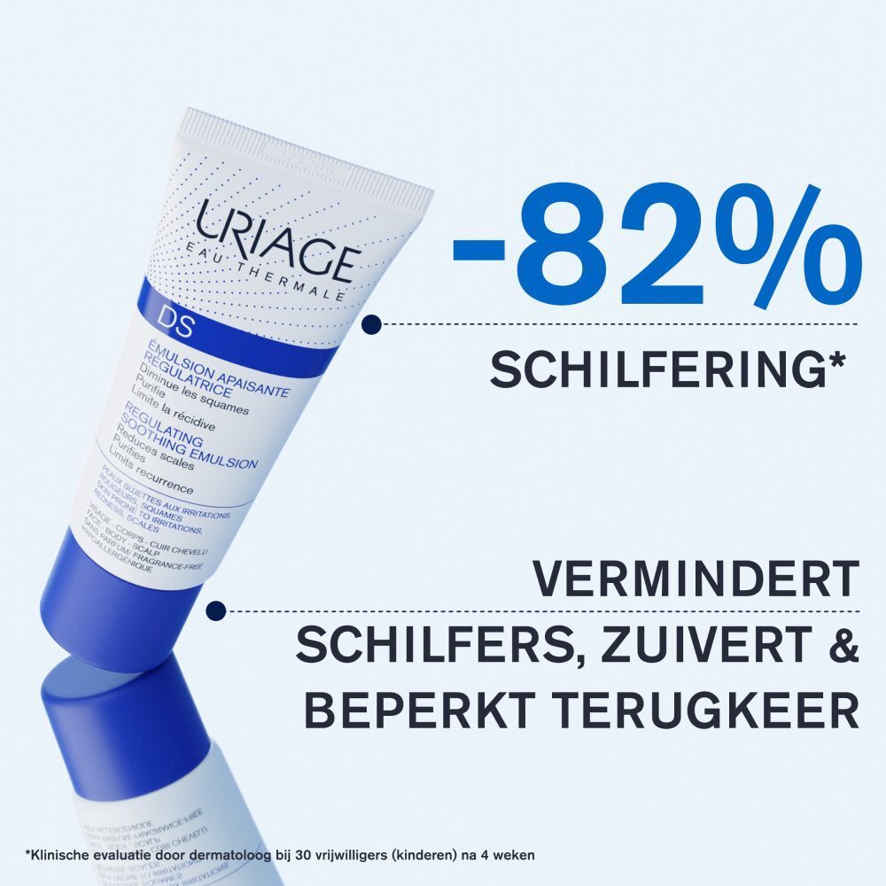Uriage DS Emulsion tube. Tekst: -82% Schilfering. Vermindert schilfers, zuivert & beperkt terugkeer.