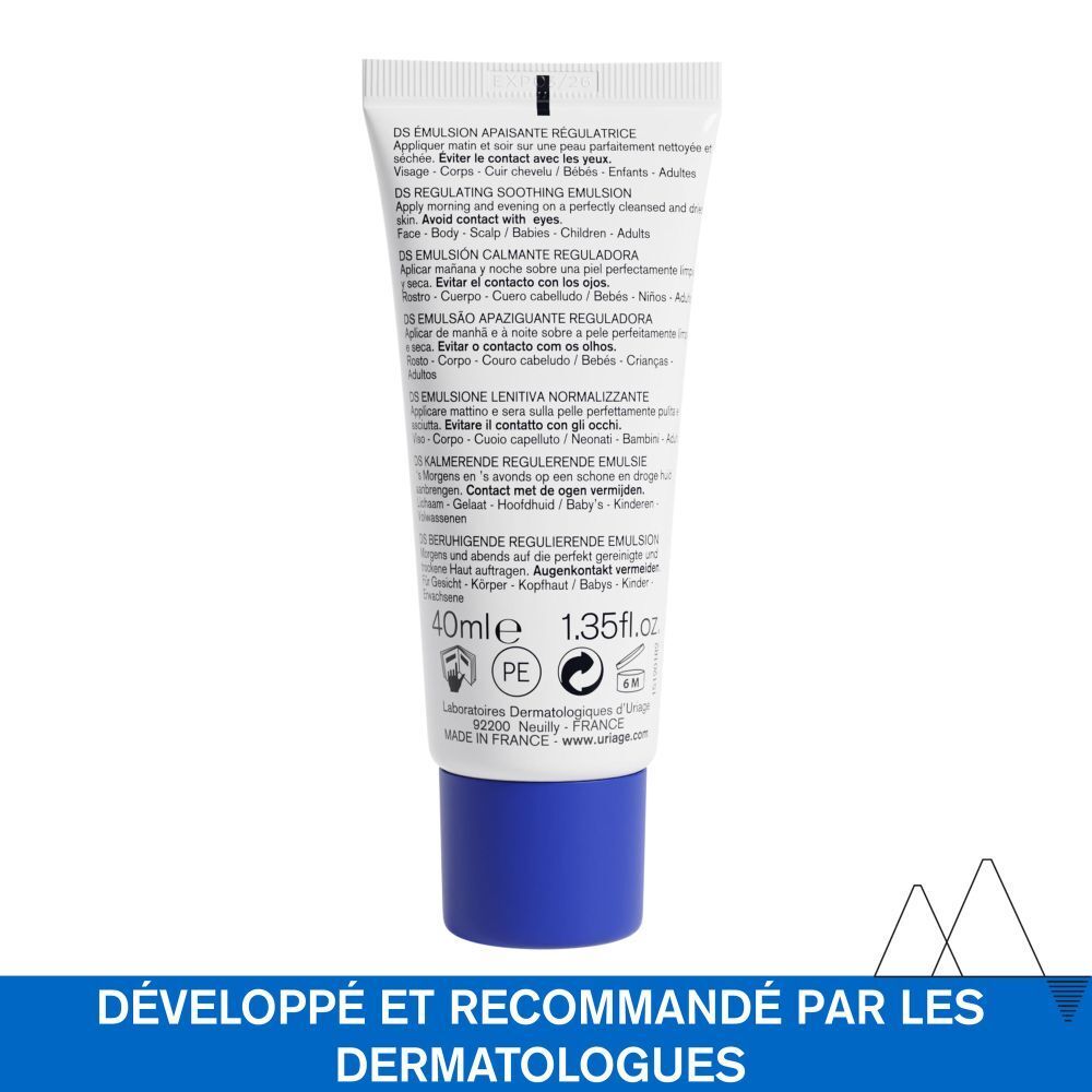 Dos de l'emballage Uriage DS Emulsion. Texte en plusieurs langues.