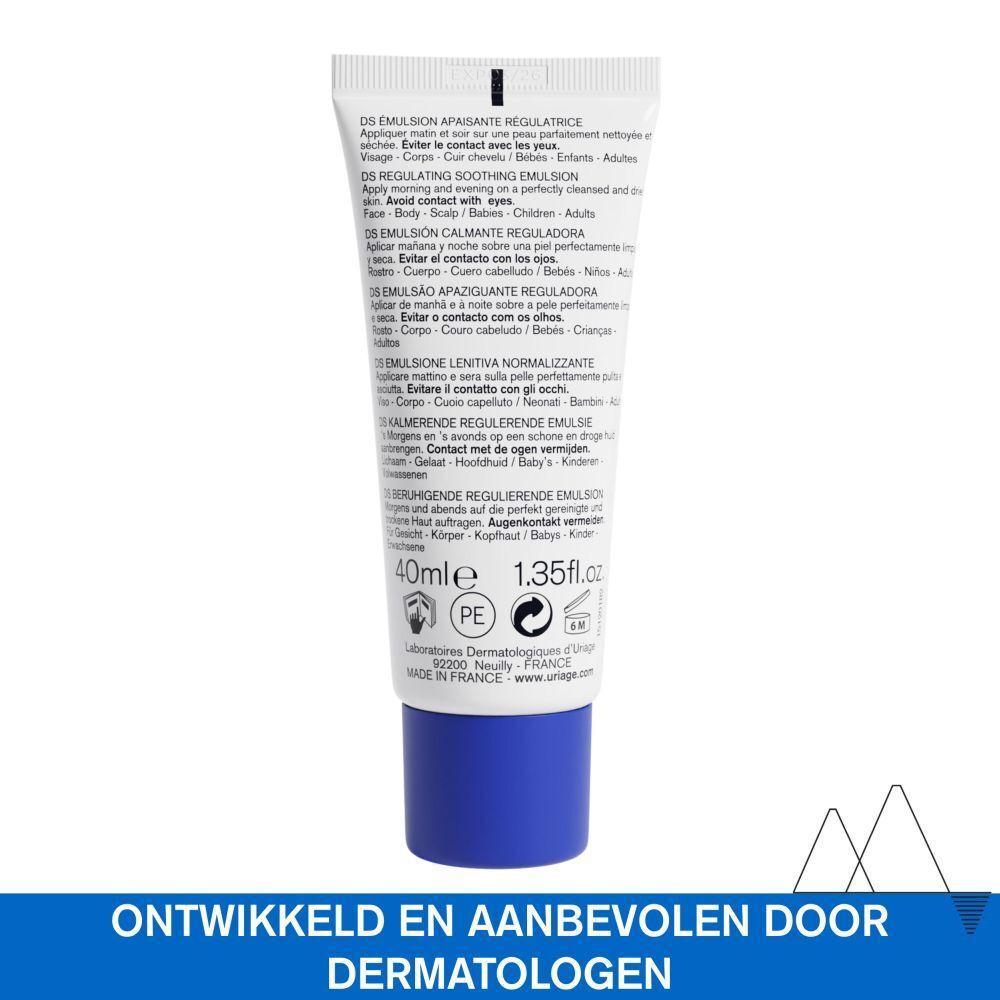 Uriage DS Emulsion tube. Tekst: DS Emulsion apaisante régulatrice. 40ml. Ontwikkeld en aanbevolen door dermatologen.