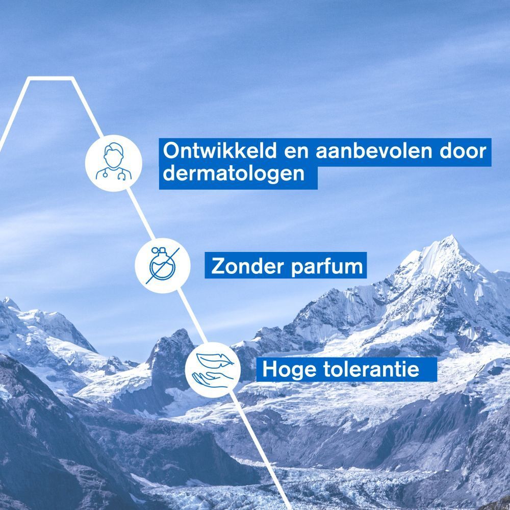 Grafiek met tekst. Tekst: Ontwikkeld en aanbevolen door dermatologen. Zonder parfum. Hoge tolerantie.