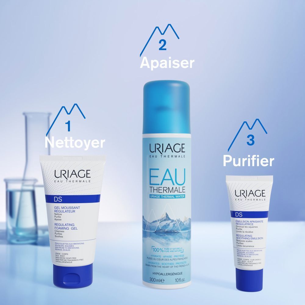 Côté de l'emballage Uriage DS Emulsion. Texte: Uriage Eau Thermale des Alpes Françaises.