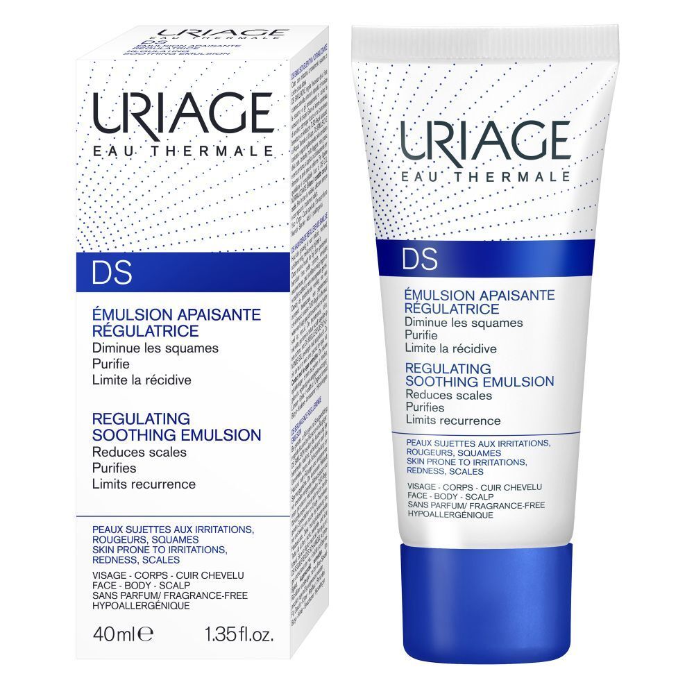 Uriage DS Emulsion tube. Witte tube met blauwe dop. Tekst: DS, Emulsion apaisante régulatrice.
