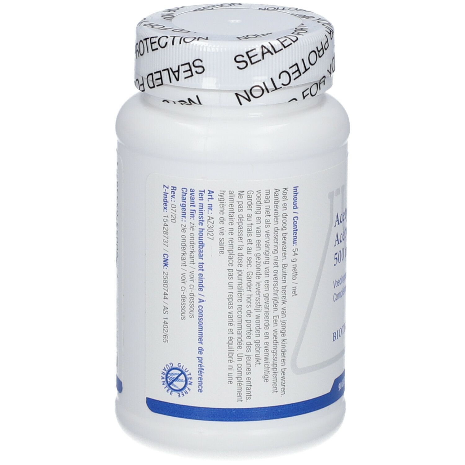 Achterkant witte fles Acetyl-L-Carnitine. Meertalige tekst. Biotics Research logo. Blauwe streep.
