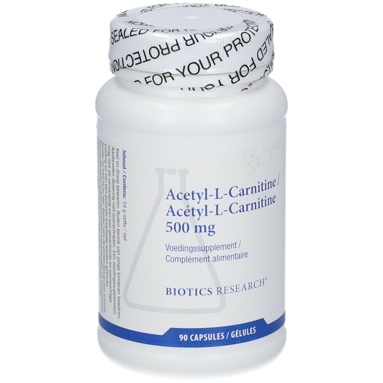 Witte fles Acetyl-L-Carnitine 500 mg. Opschrift: 90 capsules. Biotics Research logo. Dop met opdruk.