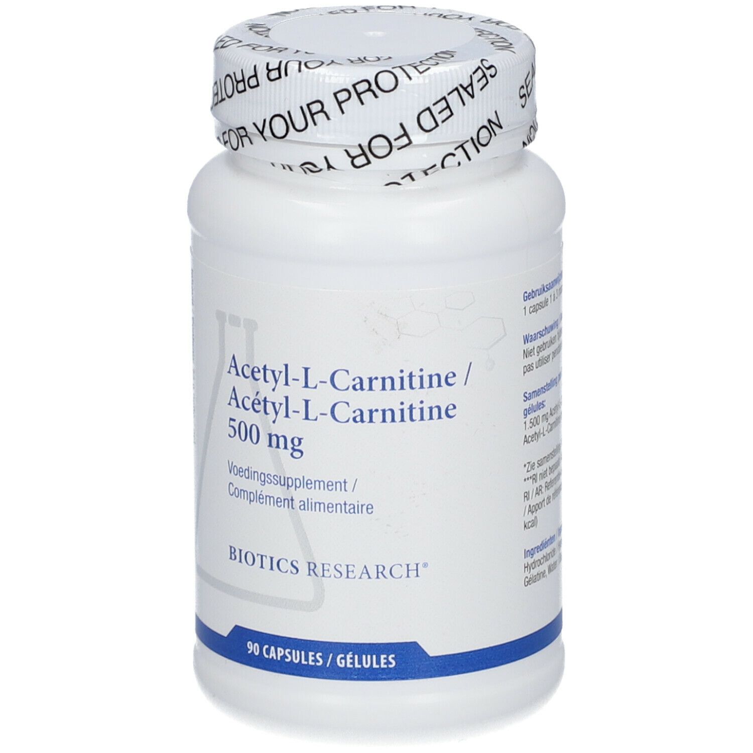 Witte fles Acetyl-L-Carnitine 500 mg. Opschrift: 90 capsules. Biotics Research logo. Dop met opdruk.
