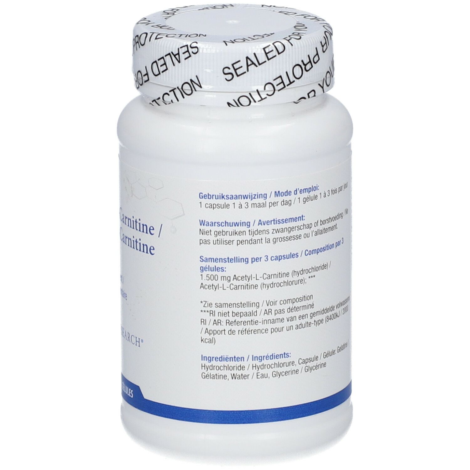 Achterkant witte fles Acetyl-L-Carnitine. Meertalige tekst. Biotics Research logo. Blauwe streep.