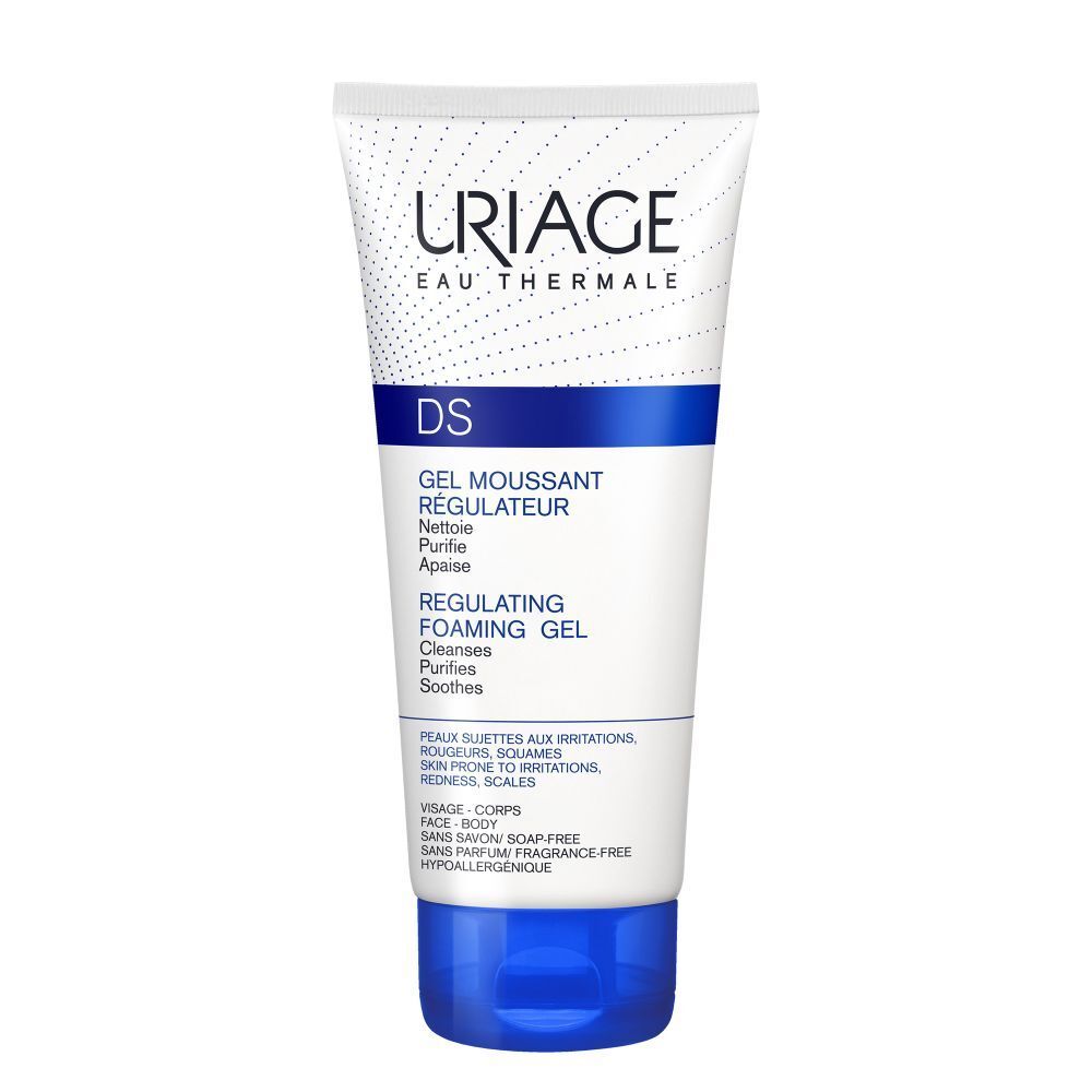 Tube blanc et bleu Uriage DS. Texte: Gel Moussant Régulateur. Sans parfum, hypoallergénique.