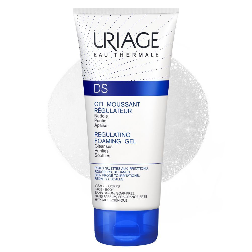 Tube blanc et bleu Uriage DS. Texte: Gel Moussant Régulateur. Sans parfum, hypoallergénique.