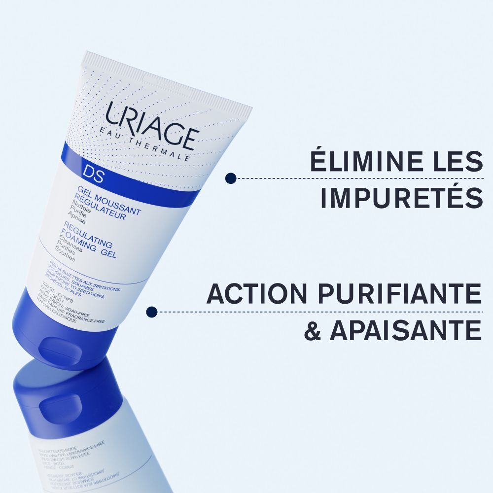 Uriage DS et emballage. Texte: Gel Moussant Régulateur, 150 ml, 5 fl.oz.