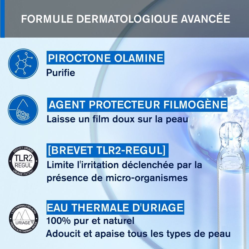 Emballage Uriage DS. Texte: Gel Moussant Régulateur, 150 ml, 5 fl.oz.