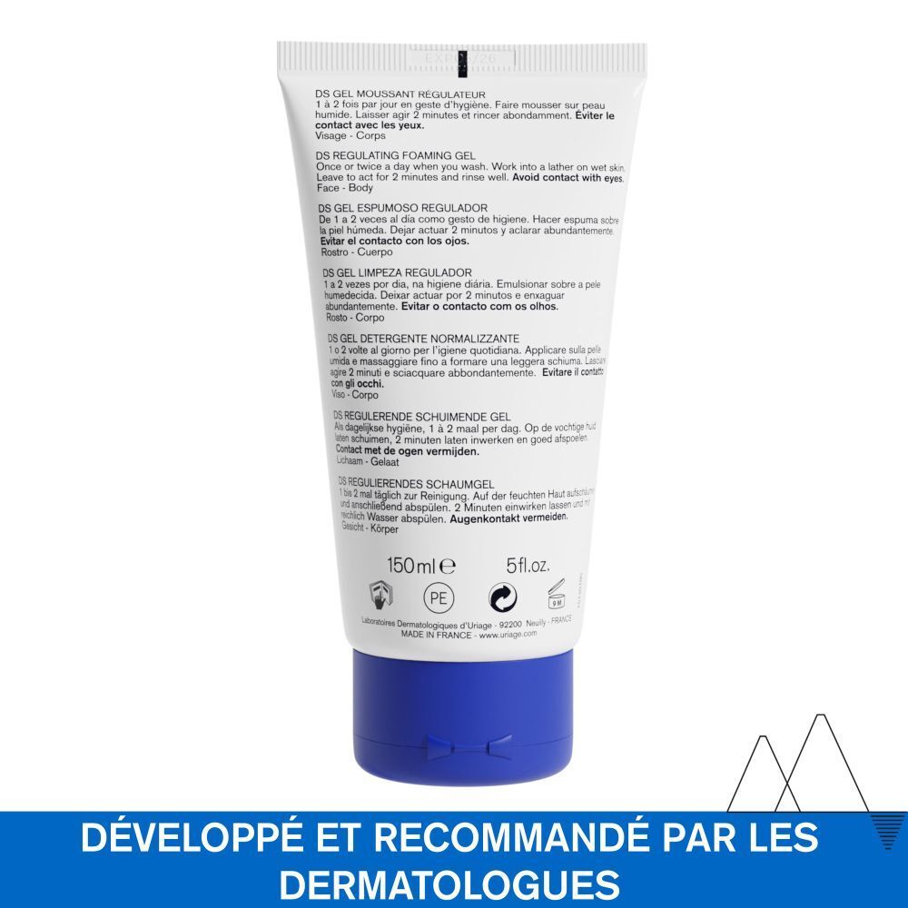 Dos de l'emballage Uriage DS. Texte: Instructions d'utilisation en plusieurs langues.