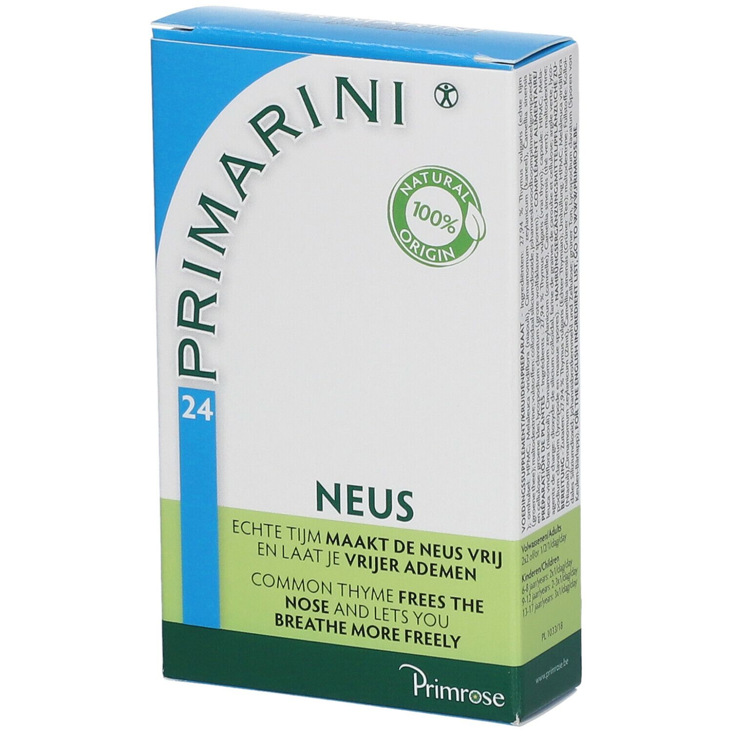 Boîte Primarini, bleue et blanche avec accents verts. Inscription: Primarini, 24, Neus. 100% Natural Origin. Le thym libère le nez.