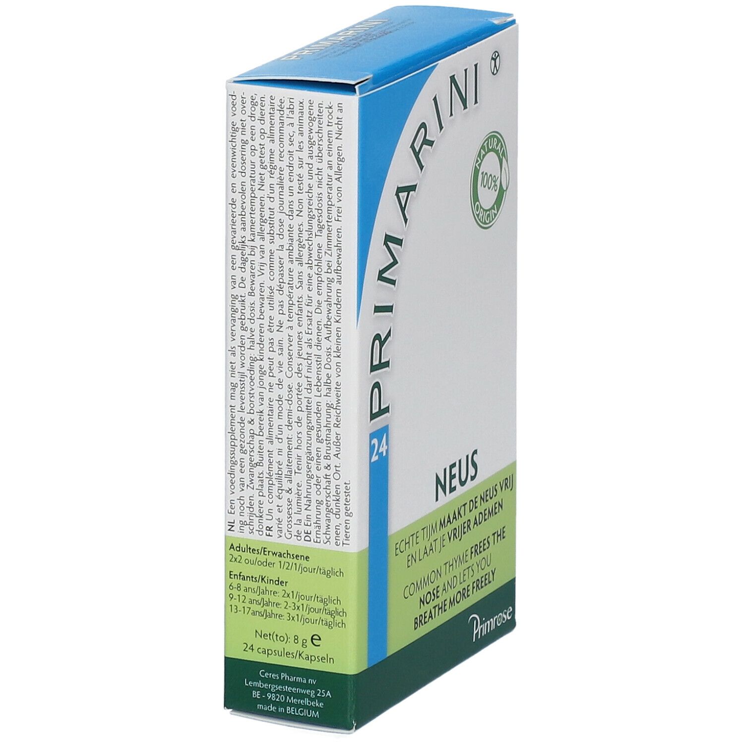 Boîte Primarini, bleue et blanche avec accents verts. Inscription: Primarini, 24, Neus. 100% Natural Origin. Dosage pour adultes et enfants.