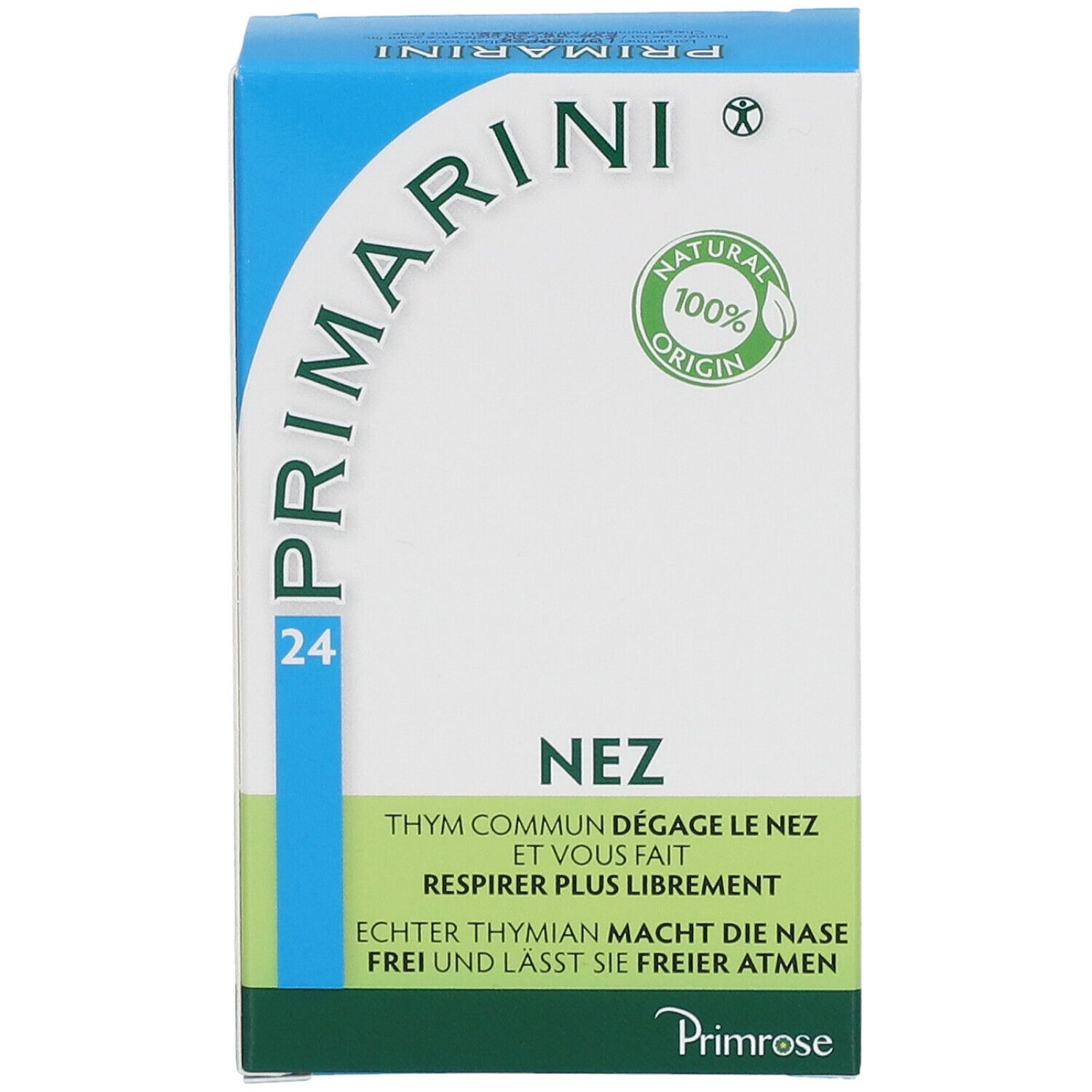 Boîte Primarini, bleue et blanche avec accents verts. Inscription: Primarini, 24, Nez. 100% Natural Origin. Thym commun dégage le nez.