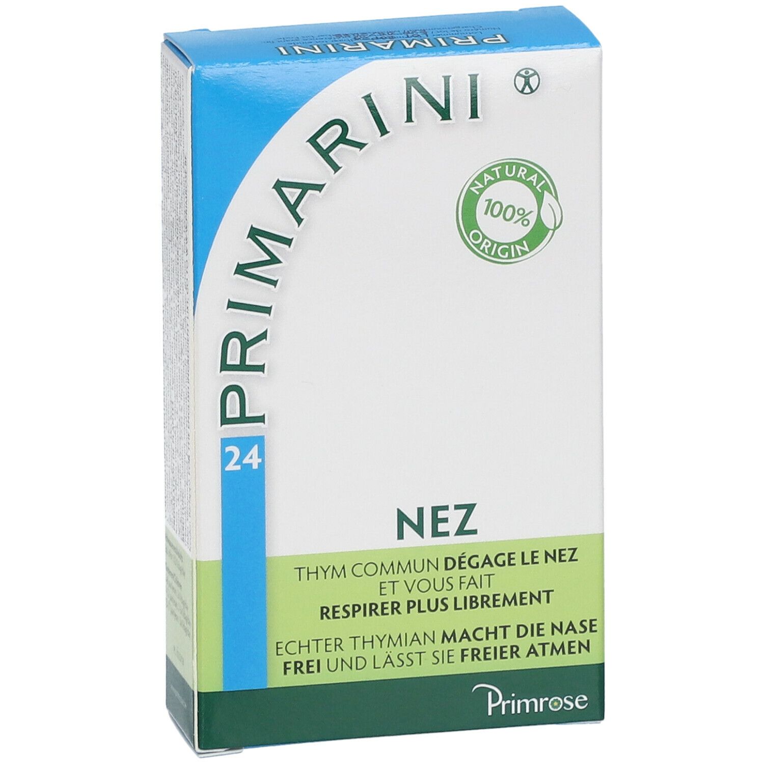 Boîte Primarini, bleue et blanche avec accents verts. Inscription: Primarini, 24, Nez. 100% Natural Origin. Thym commun dégage le nez.