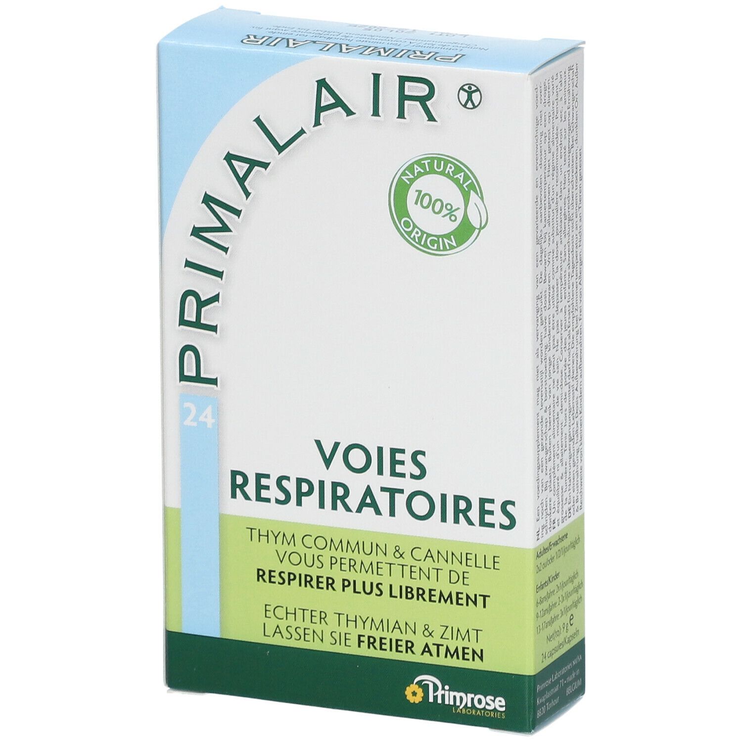 Kartonverpackung von Primrose Primalair. Aufschrift: VOIES RESPIRATOIRES, 24. Enthält Thymian und Zimt. Naturprodukt.