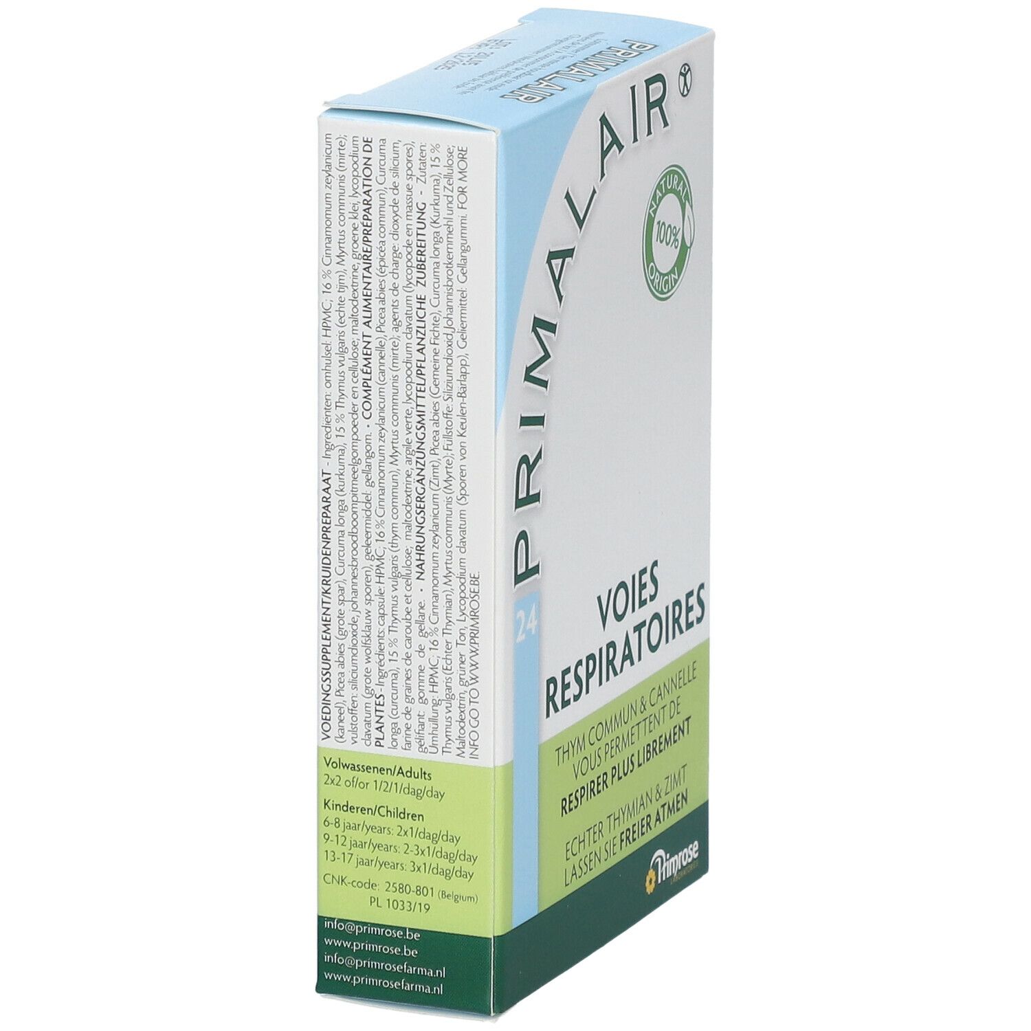Kartonverpackung von Primrose Primalair. Aufschrift: VOIES RESPIRATOIRES, 24. Enthält Thymian und Zimt. Detailinformationen.