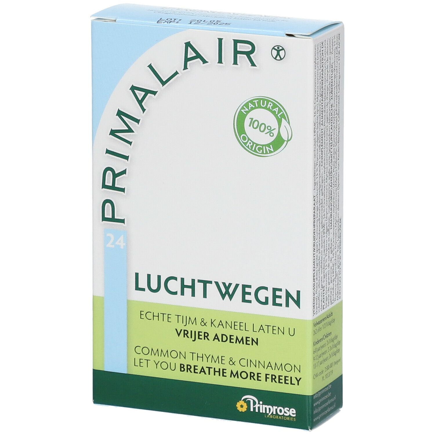 Kartonverpackung von Primrose Primalair. Aufschrift: LUCHTWEGEN, 24. Enthält Thymian und Zimt. Naturprodukt.