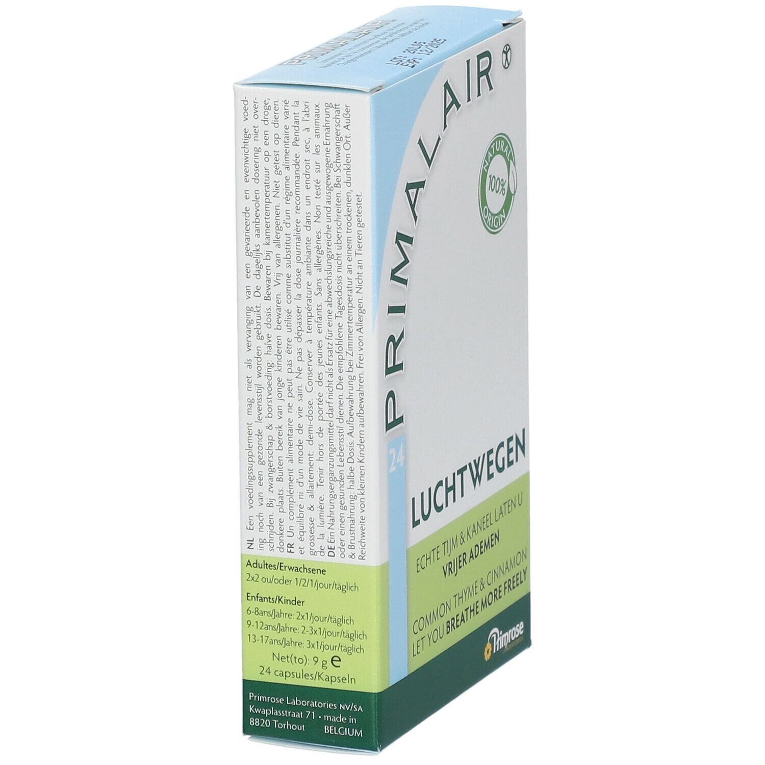 Kartonverpackung von Primrose Primalair. Aufschrift: LUCHTWEGEN, 24. Enthält Thymian und Zimt. Detailinformationen.