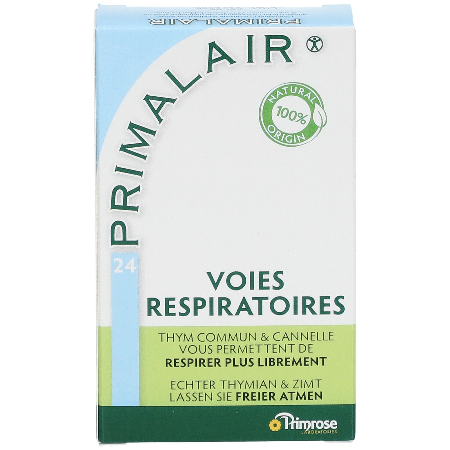 Kartonverpackung von Primrose Primalair. Aufschrift: VOIES RESPIRATOIRES, 24. Enthält Thymian und Zimt. Naturprodukt.
