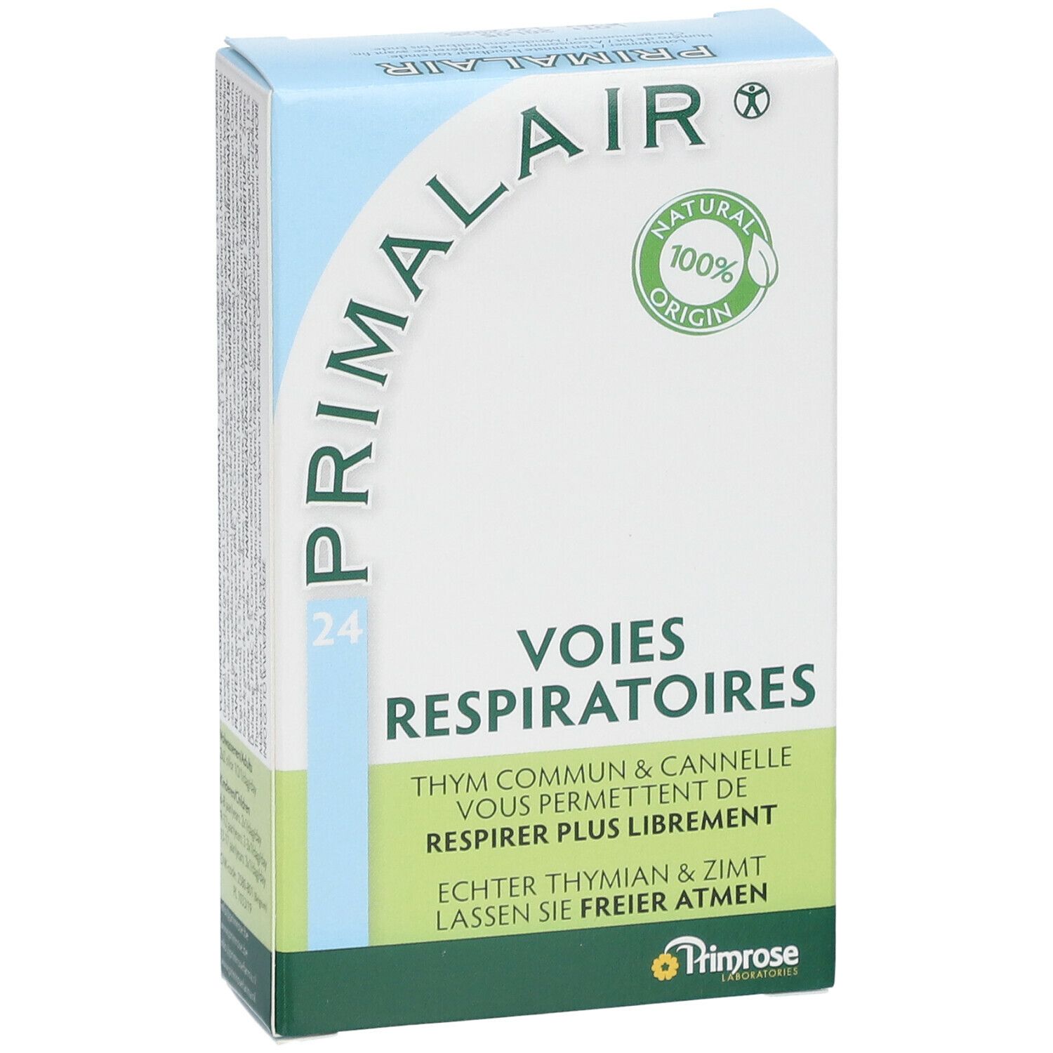 Kartonverpackung von Primrose Primalair. Aufschrift: VOIES RESPIRATOIRES, 24. Enthält Thymian und Zimt. Naturprodukt.