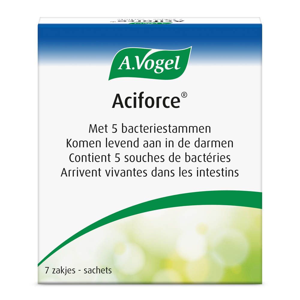 Boîte A. Vogel Aciforce®. Boîte blanche avec logo vert et nom du produit. Texte en néerlandais et français.
