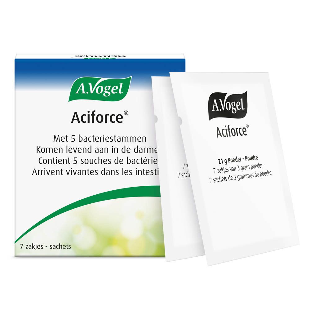 Boîte A. Vogel Aciforce® et sachets. Boîte blanche et trois sachets avec nom et logo du produit.