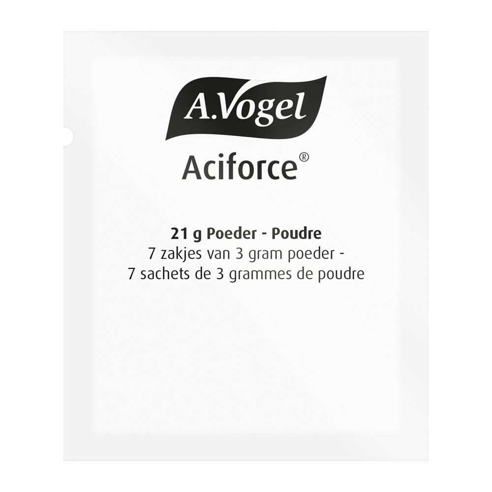 Sachet A. Vogel Aciforce®. Sachet blanc avec logo et nom du produit. Texte en néerlandais et français.