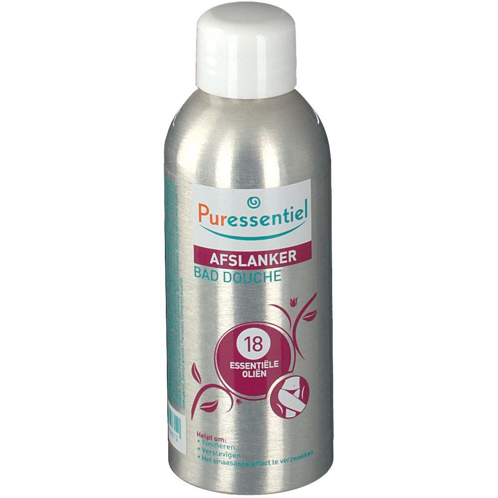 Flacon argenté, bouchon blanc. Inscription: Puressentiel, Afslanker Bad Douche, 18 Essentiële oliën. Étiquette avec motif floral.