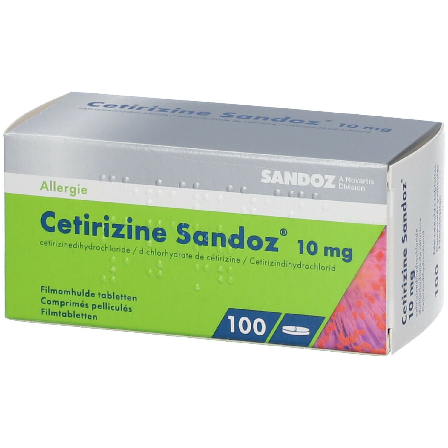 Doosje Cetirizine Sandoz 10 mg. Groen-witte verpakking met productnaam en 100 tabletten.