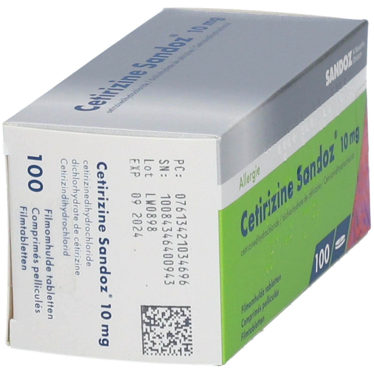 Achterkant van de Cetirizine Sandoz 10 mg doos. Bevat productinformatie, lotnummer en vervaldatum.