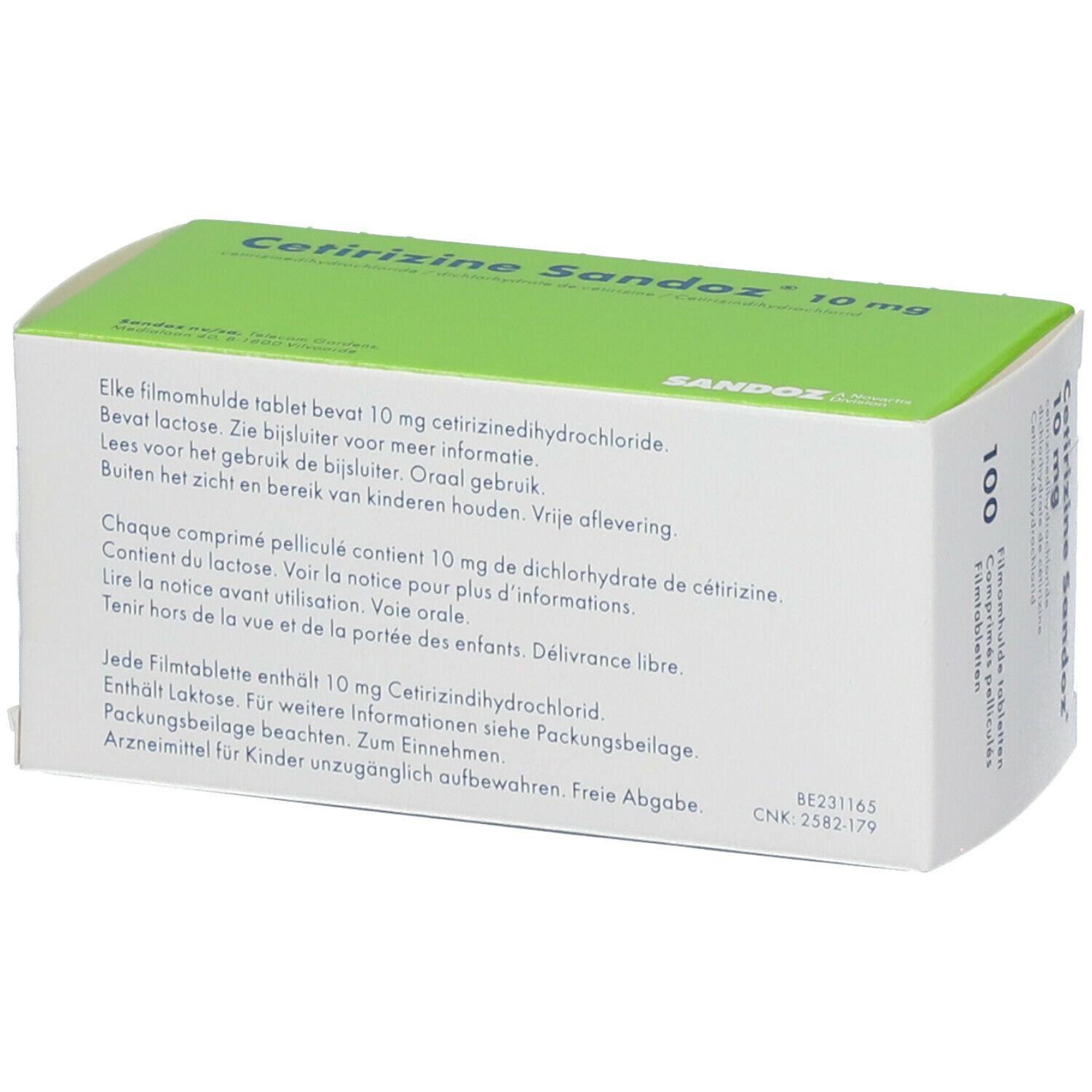 Bovenkant van de Cetirizine Sandoz 10 mg doos. Bevat productinformatie en tekst in meerdere talen.
