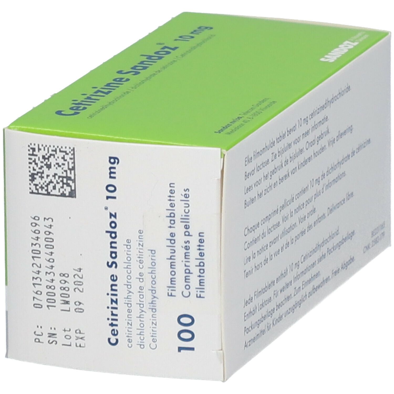 Zijaanzicht van de Cetirizine Sandoz 10 mg doos. Bevat productinformatie en tekst in meerdere talen.