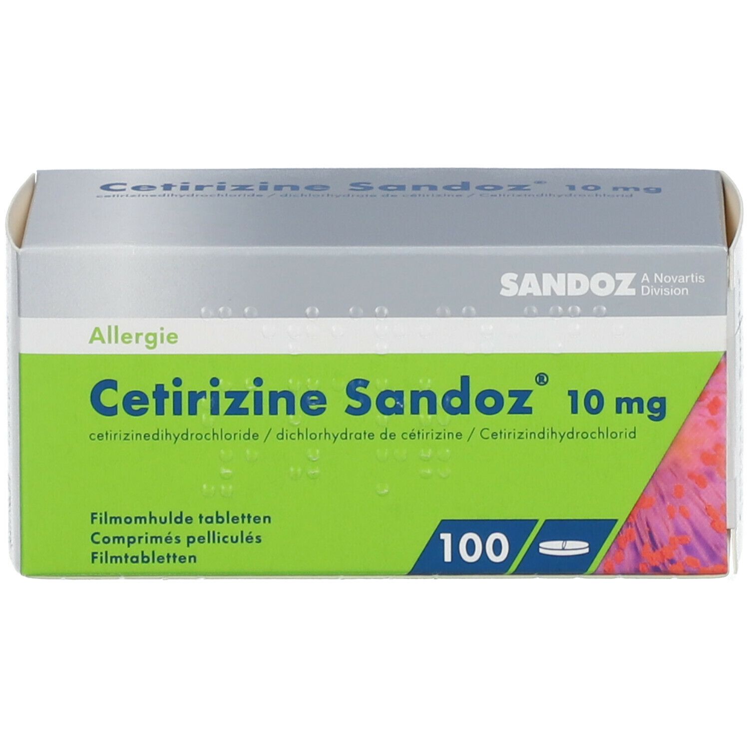 Cetirizine Sandoz 10 mg doos. Groen-witte verpakking met productnaam en 100 tabletten.