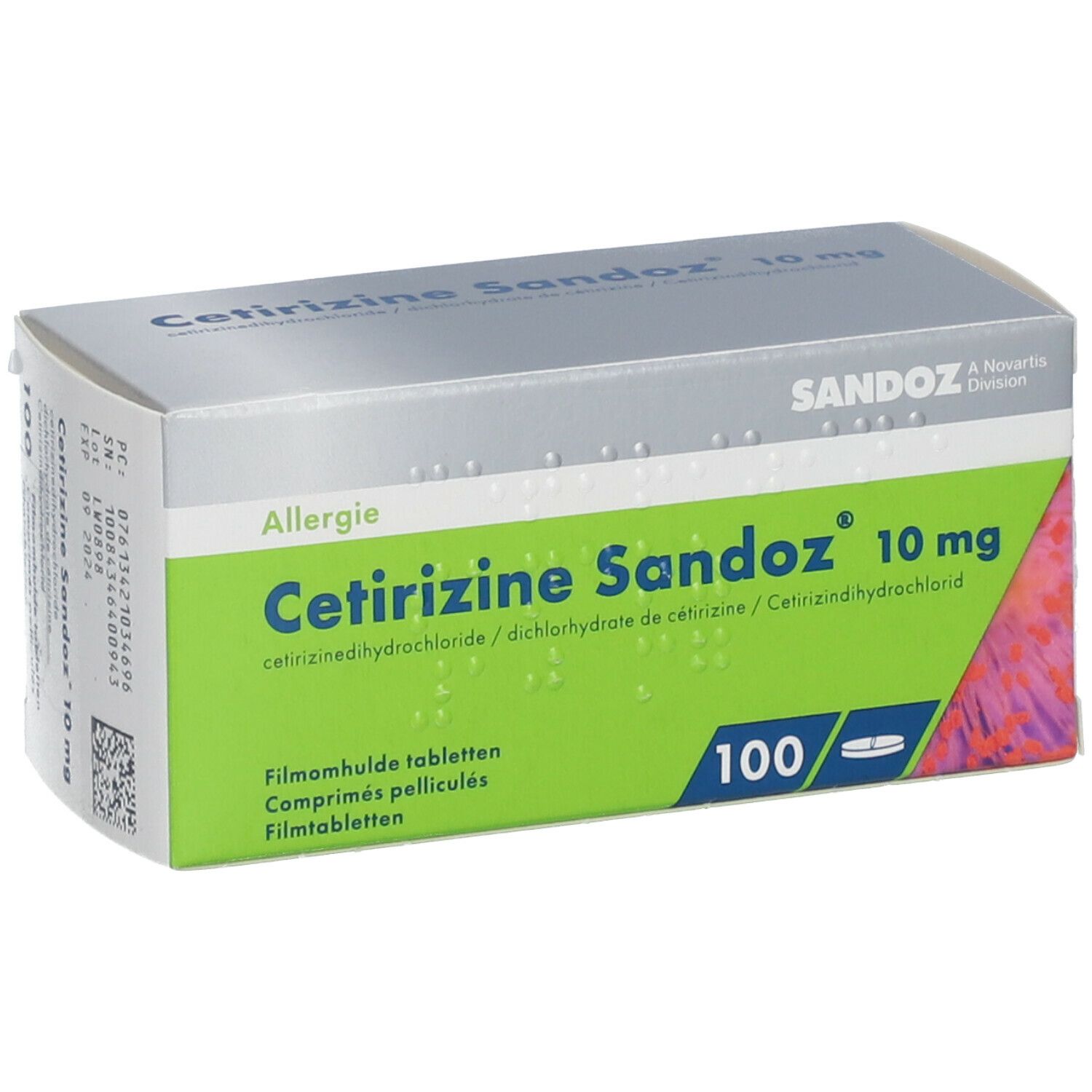 Cetirizine Sandoz 10 mg doos. Groen-witte verpakking met productnaam en 100 tabletten.