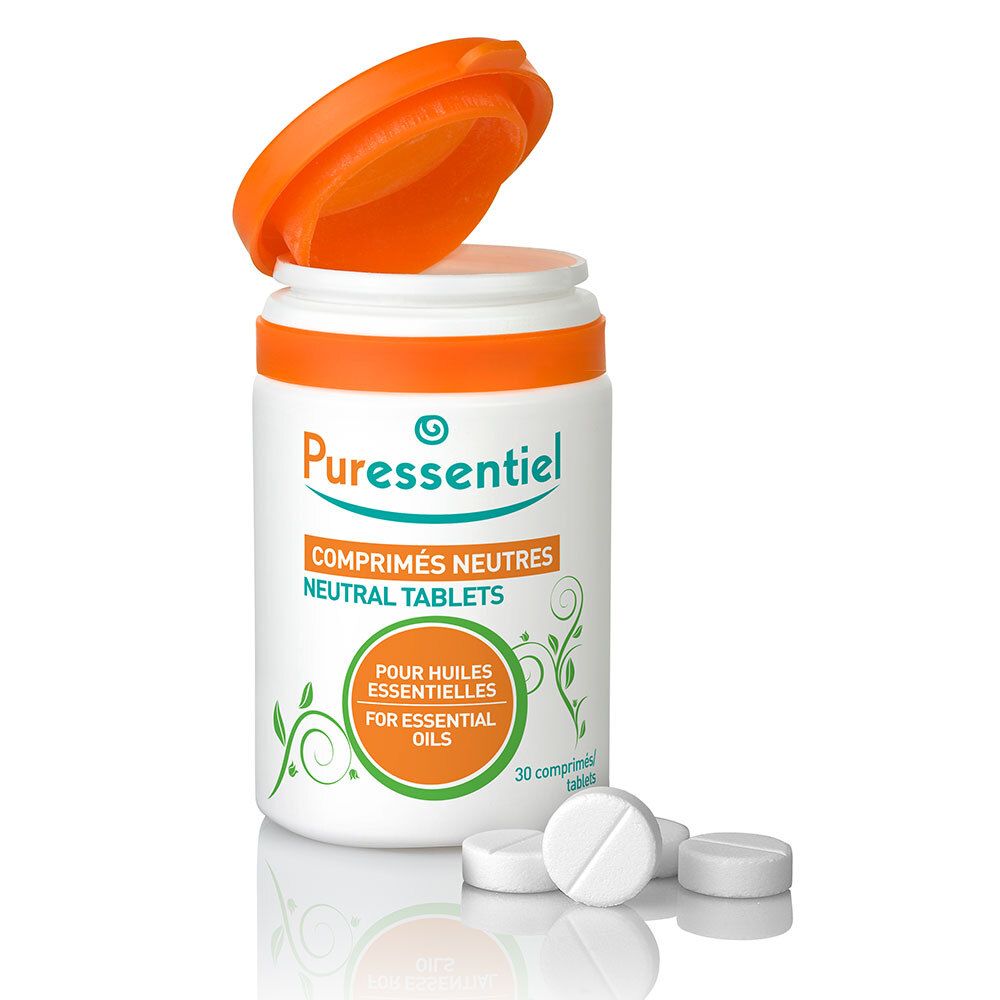 Flacon blanc avec couvercle orange ouvert et comprimés blancs. Inscription: Puressentiel, Comprimés Neutres, Neutral Tablets.