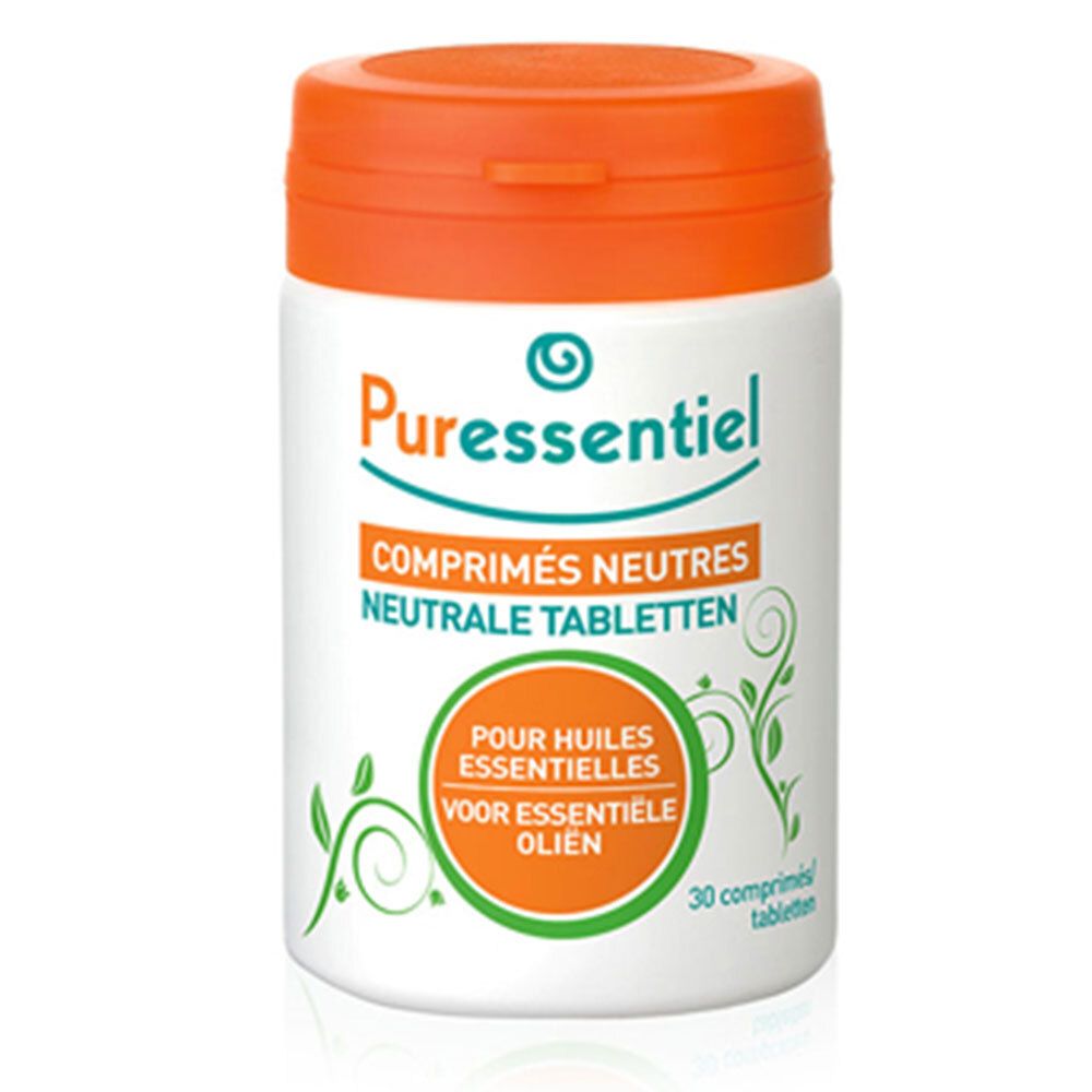 Flacon blanc avec couvercle orange. Inscription: Puressentiel, Comprimés Neutres, Neutral Tabletten. 30 comprimés.