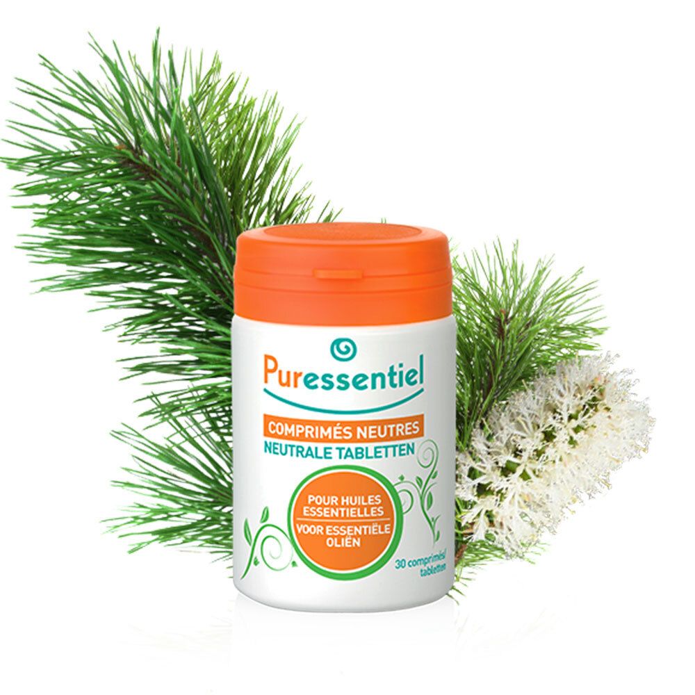 Flacon blanc avec couvercle orange, entouré de branches. Inscription: Puressentiel, Comprimés Neutres, Neutral Tabletten.