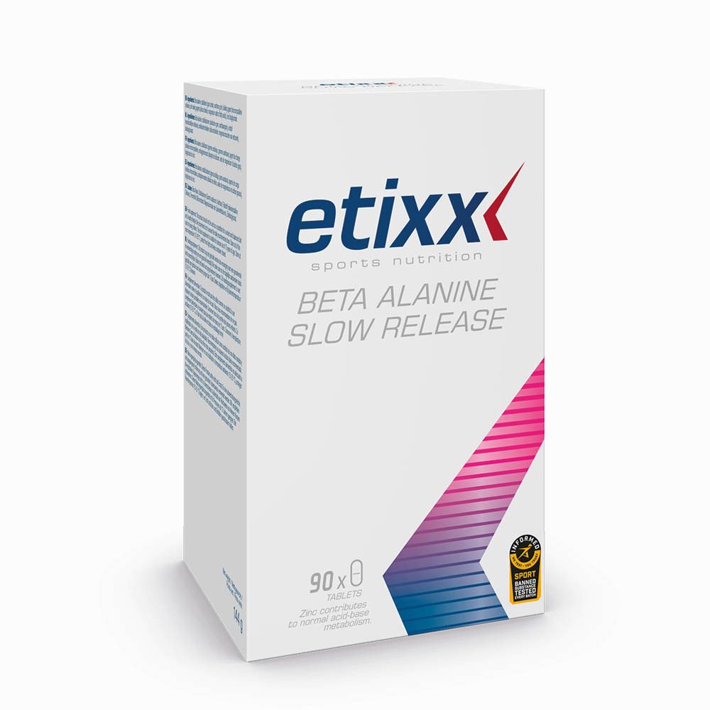 Etixx Beta Alanine Slow Release verpakking met 90 tabletten. Opschrift: Beta Alanine Slow Release, etixx sports nutrition.