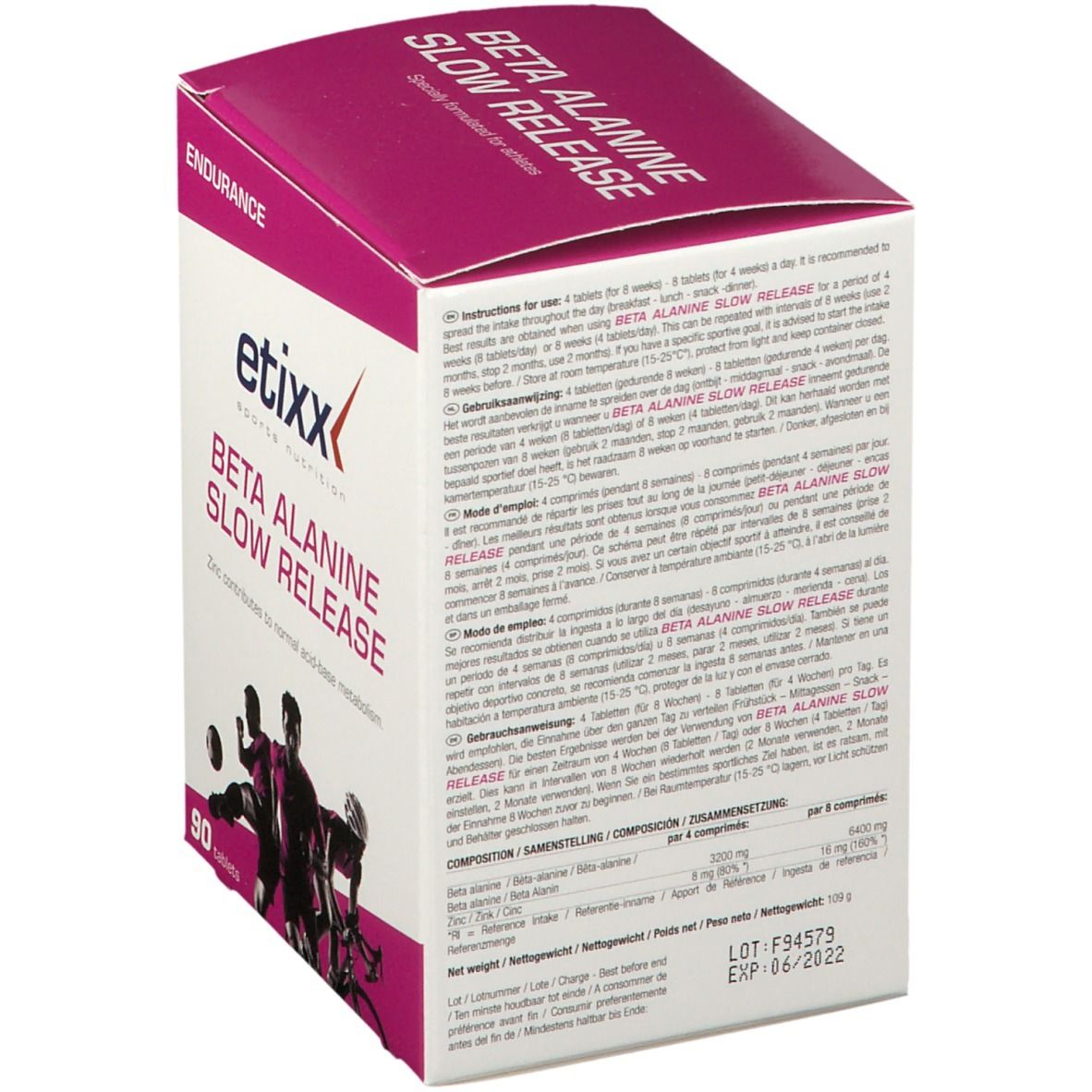 Etixx Beta Alanine Slow Release verpakking met 90 tabletten. Achterkant met productinformatie. Opschrift: Beta Alanine Slow Release, etixx sports nutrition.